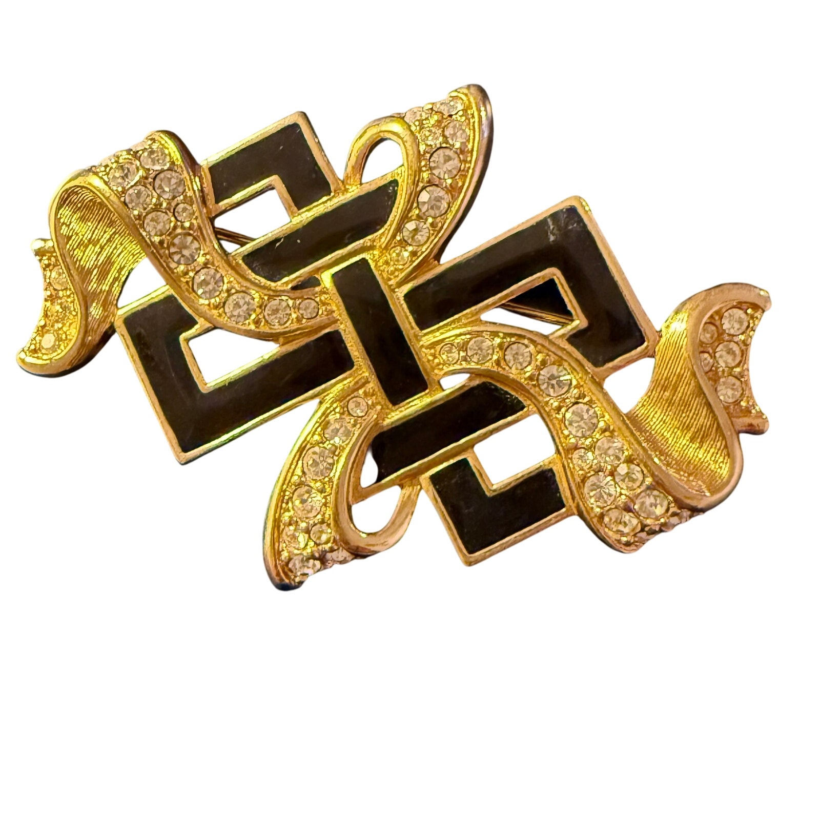 Swarovski Gold Tone Black Enamel Rhinestone Pin Brooch